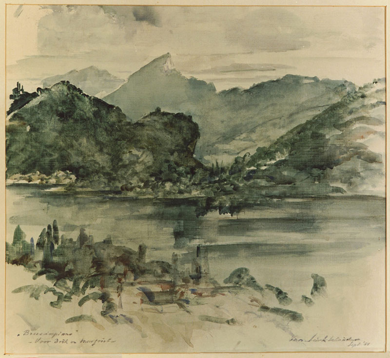 Brusimpiano, met uitzicht op de Monte San Salvatore, aquarel van Sierk Schröder, sept. ‘81